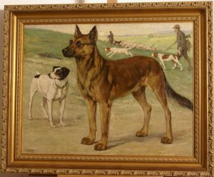 1920 Dog portrait painting, dogs posing in landscape with hunting scene dogs in the background. By highly listed European master. Museum quality