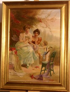 Great romantic painting, by European master Pierre Delporte ( 1884-...), signed and dated 1921. " The love letter and Cupid"