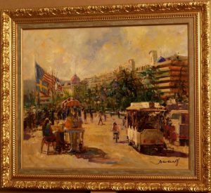 Superb impressionistic French/Spanish painting, A view of the Film Festival de Cannes, French Riviera, with the " Stars and Stripes", by Joan Marti Aragones ( 1936-2009)