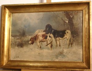 Superb hunting dog winter painting by Henry Schouten (1864-1927)