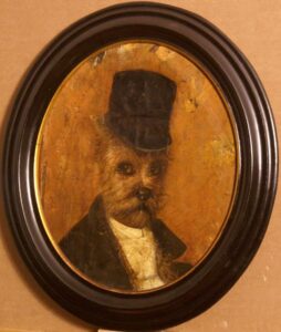 19th C Dog portrait painting. Dog with top hat.